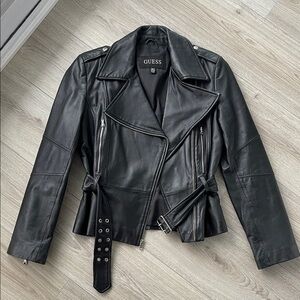GUESS Women's Sleek Black Leather Biker Jacket